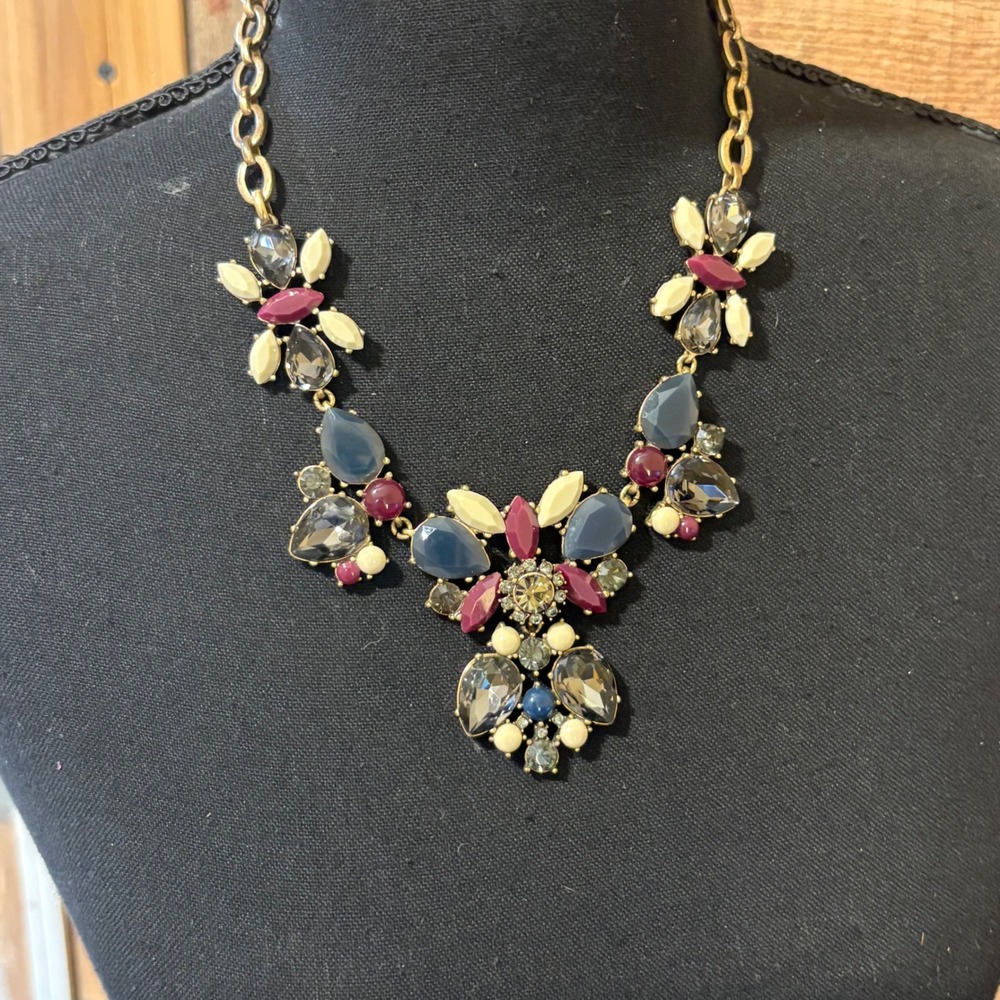 J.Crew Sparkling Gold Tone Beaded Bib Statement Necklace Blue Burgundy